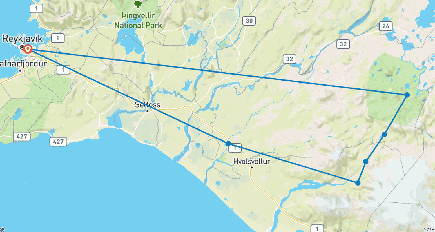 Mapa do percurso de 8 Dias - Trilha Laugavegur, Círculo Dourado, costa sul e caminhada na geleira