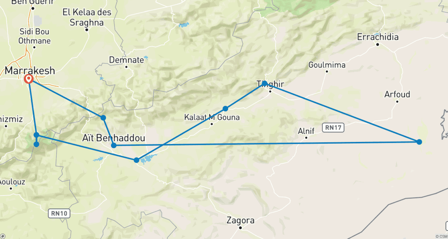7 Days Trek from Toubkal to Erg Chebbiのルートマップ