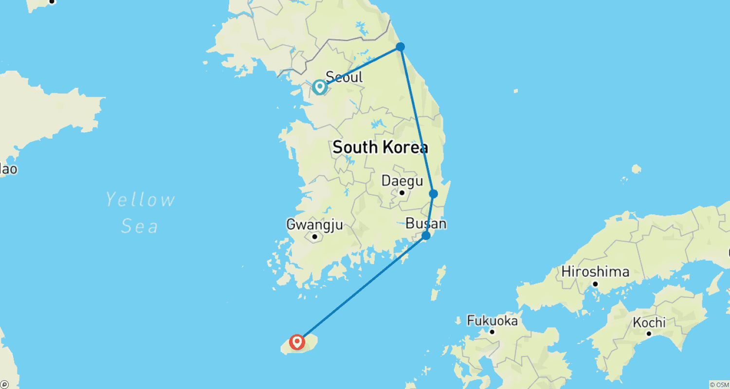 Mapa trasy: 12-dniowa przygoda po Korei Południowej: od Seulu do wyspy Jeju