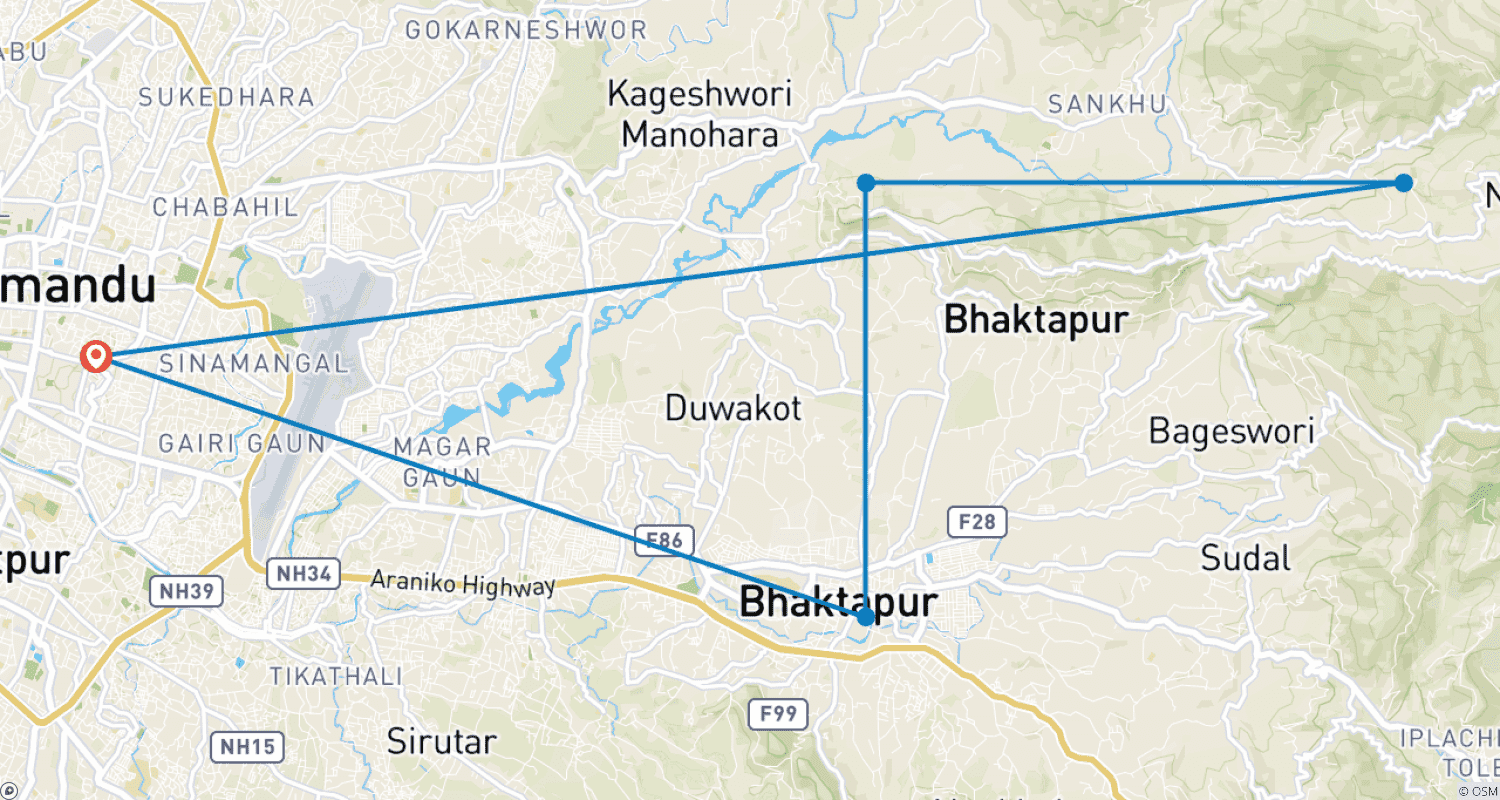 Mapa do percurso de 2 Dias na Cidade de Kathmandu com Nascer do Sol em Nagarkot, Changu Narayan e Tour por Bhaktapur