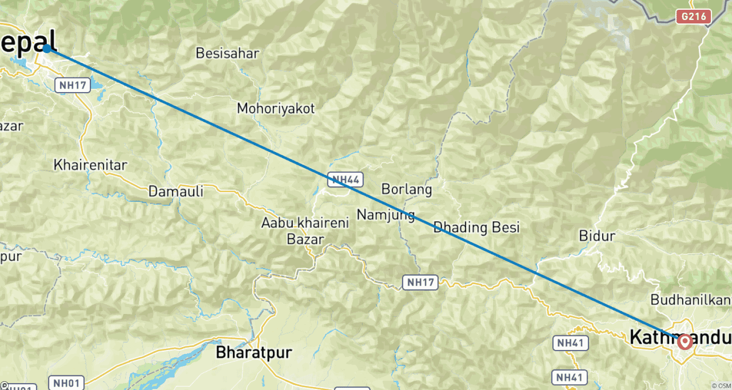 Mapa trasy: 3-dniowa wycieczka krajoznawcza po Pokharze z Katmandu autobusem turystycznym