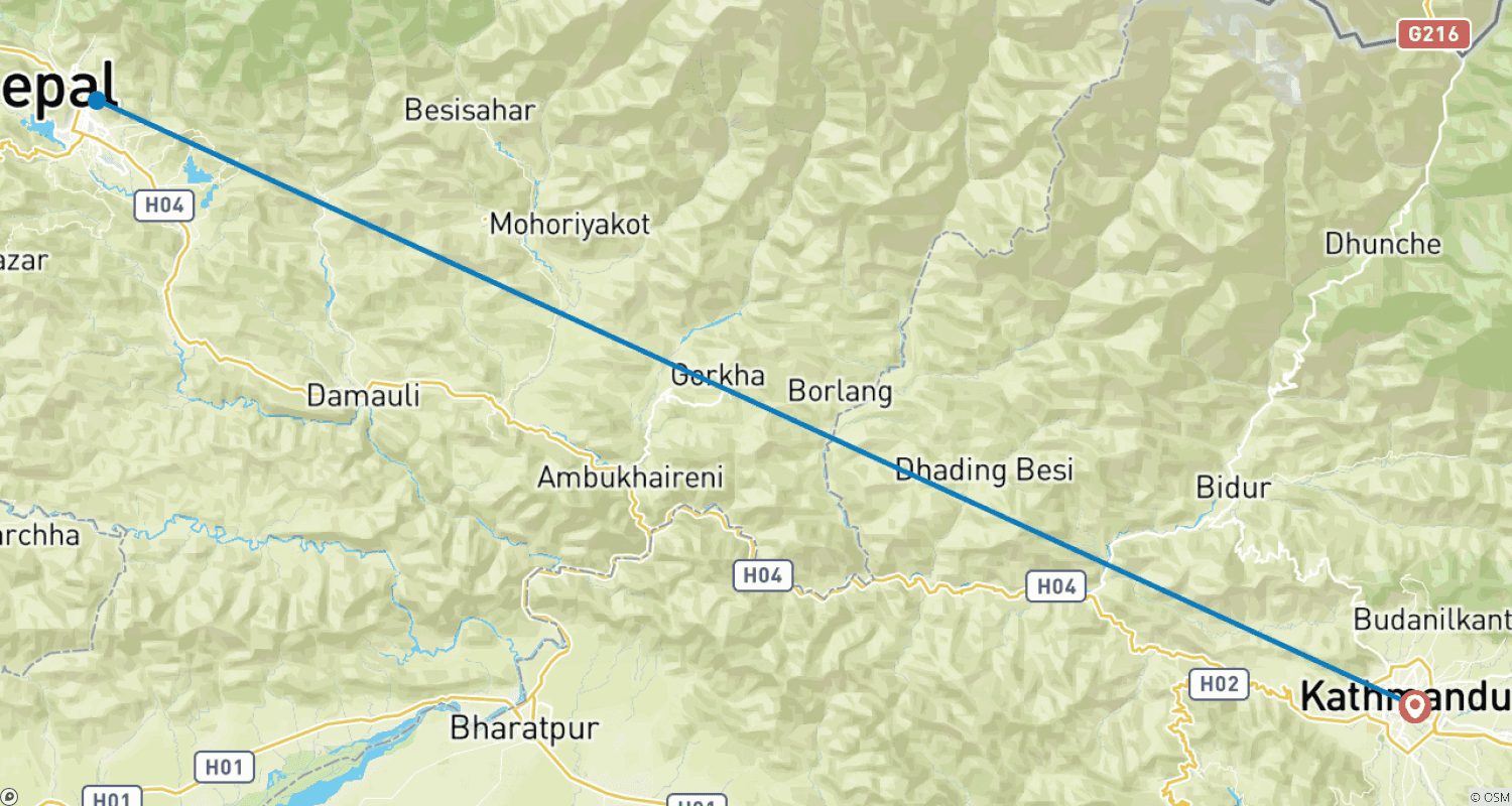 Mapa do percurso de Excursão de 3 Dias pela Cidade de Pokhara saindo de Kathmandu de Avião