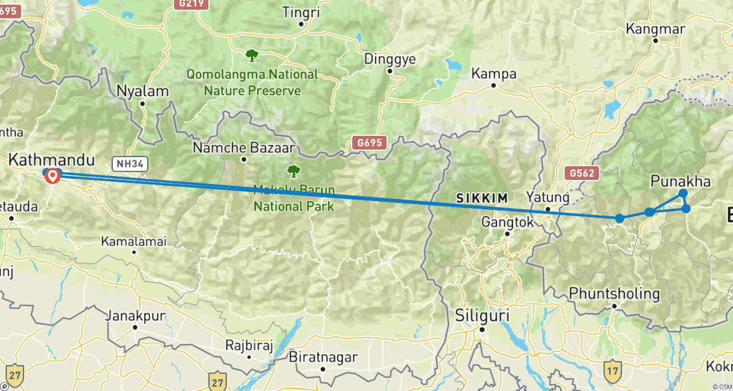 Mapa do percurso de Descubra o Reino da Felicidade: Viagem de 9 Dias ao Butão e Nepal