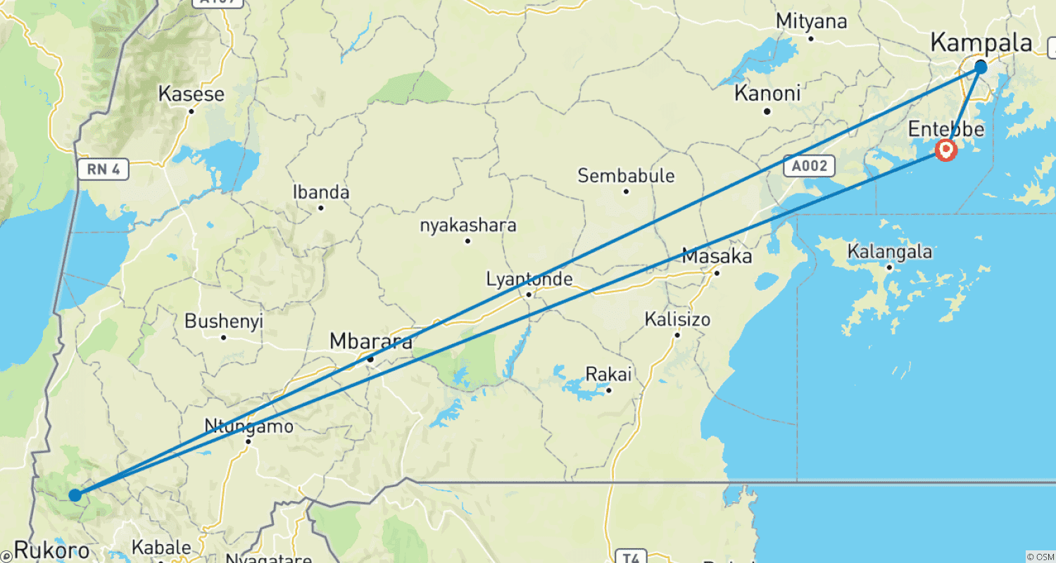 Mapa do percurso de Safari de 3 dias para Rastreamento de Gorilas em Uganda