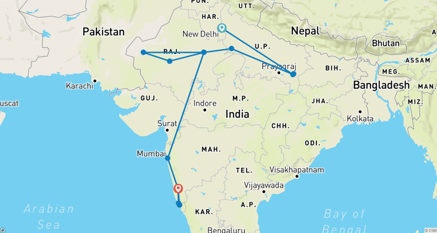 Mapa do percurso de 17 Dias de Maravilhas da Índia: Caminhadas no Deserto, Espiritualidade em Varanasi e Cultura