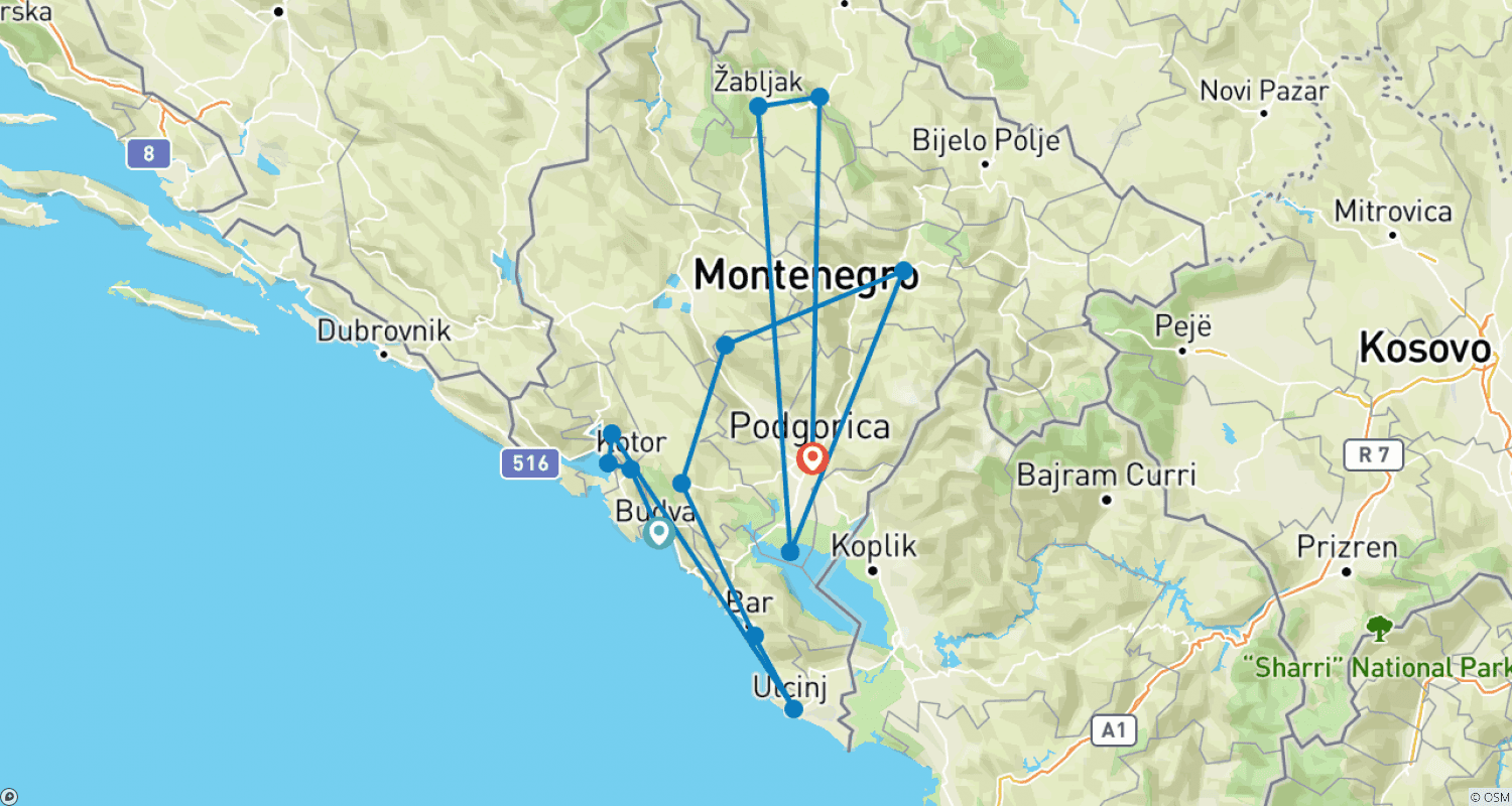 Mapa trasy: Najlepsze z Czarnogóry: Pakiet wycieczkowy 7 dni / 6 nocy