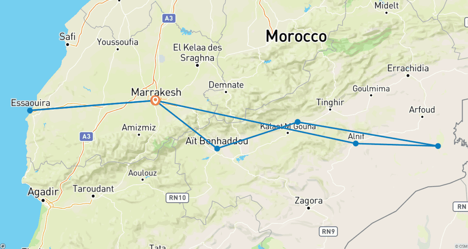 Mapa do percurso de Excursão de 7 Dias ao Deserto do Saara saindo de Marraquexe