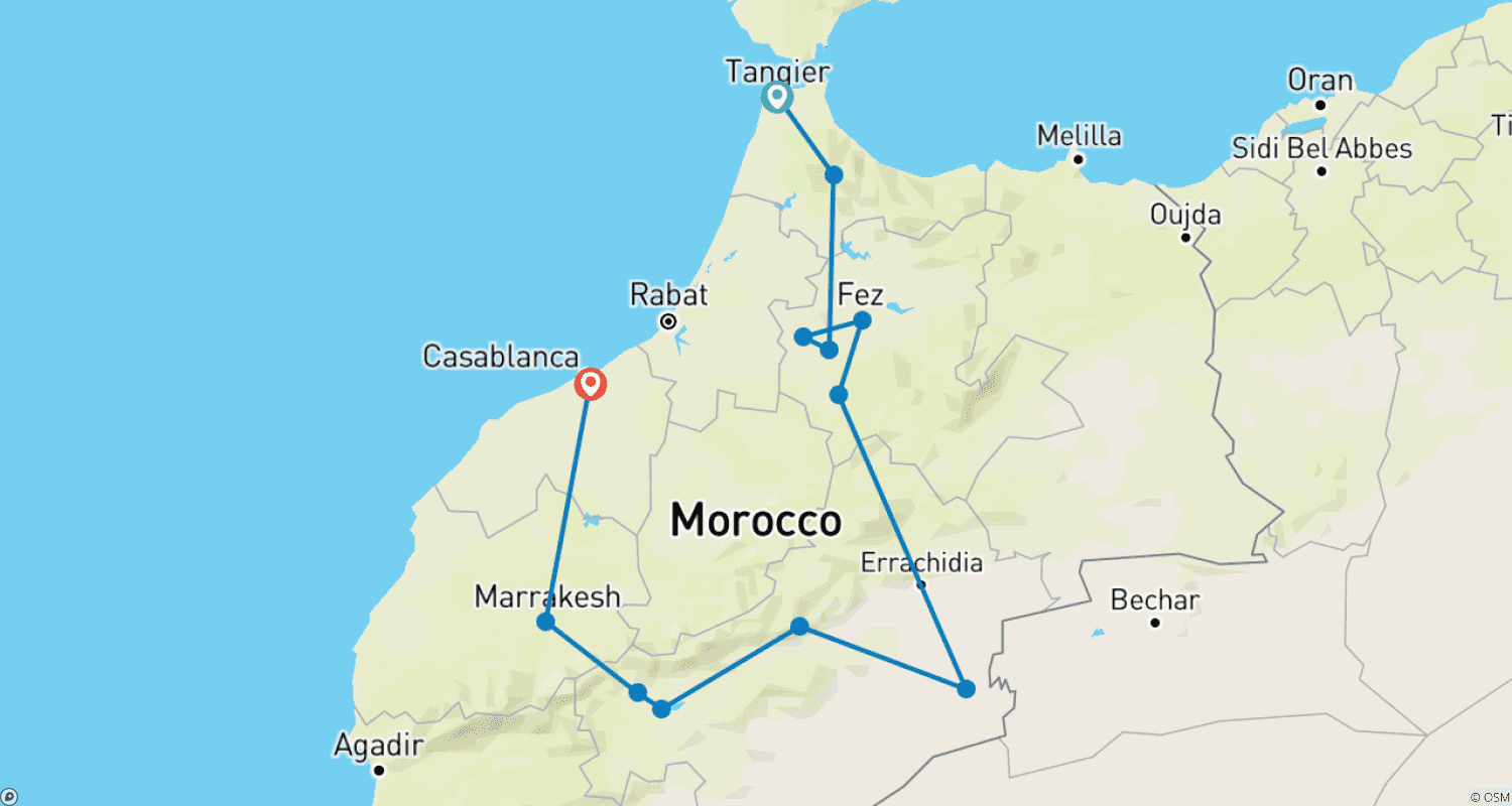 Mapa do percurso de De Tânger a Casablanca / Viagem privada especial por Marrocos em 8 dias