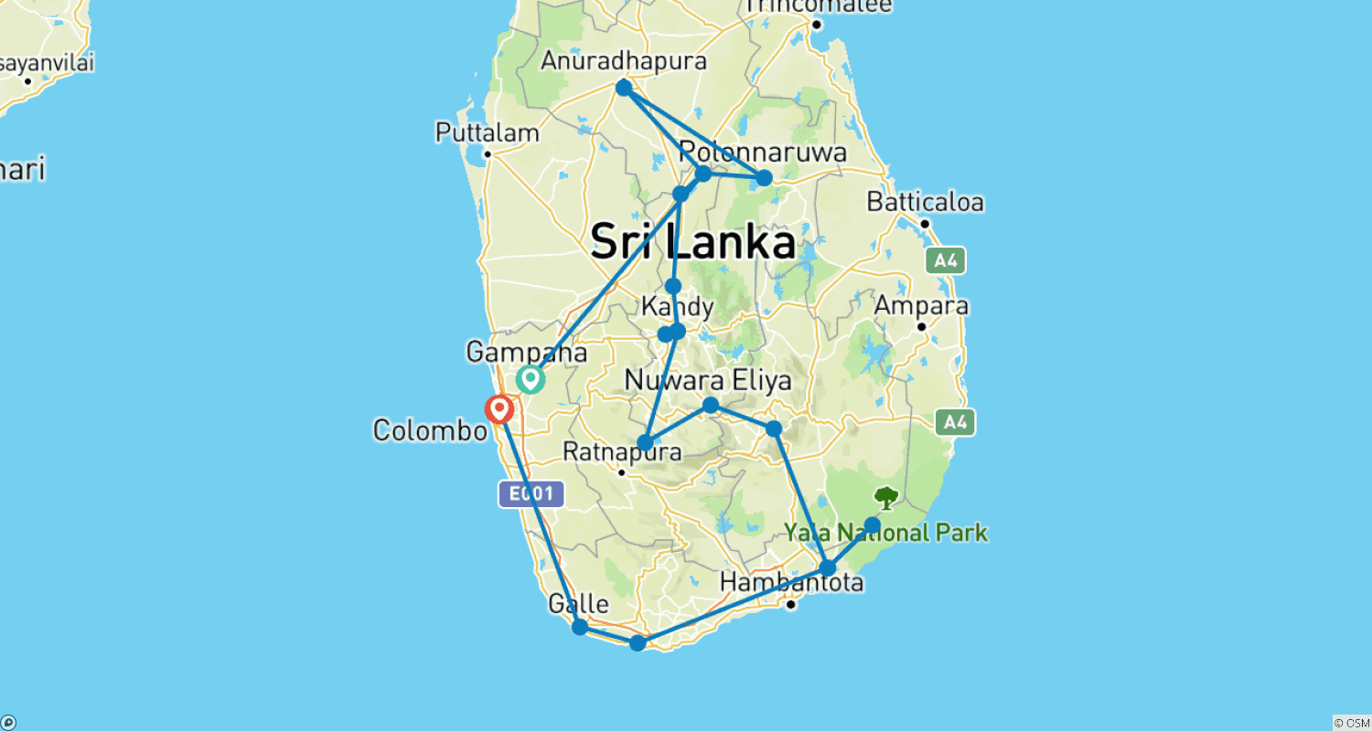 Mapa do percurso de Sri Lanka Holiday Round Tour 13-Day with private driver, vehicle and H/B accommodations