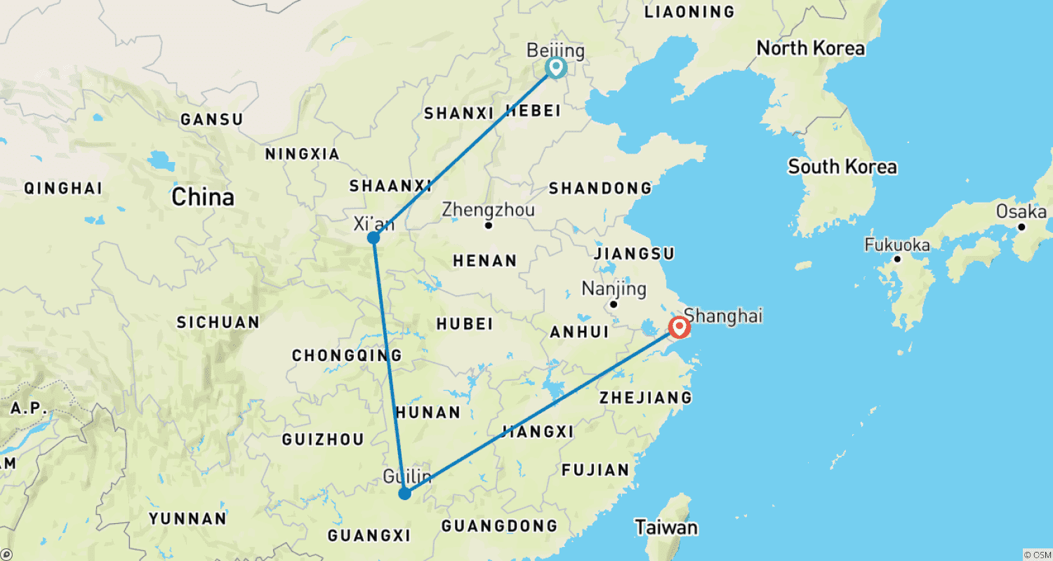 Mapa trasy: Classic China Tour 11D: Beijing-Xi'an-Guilin-Shanghai Small Group