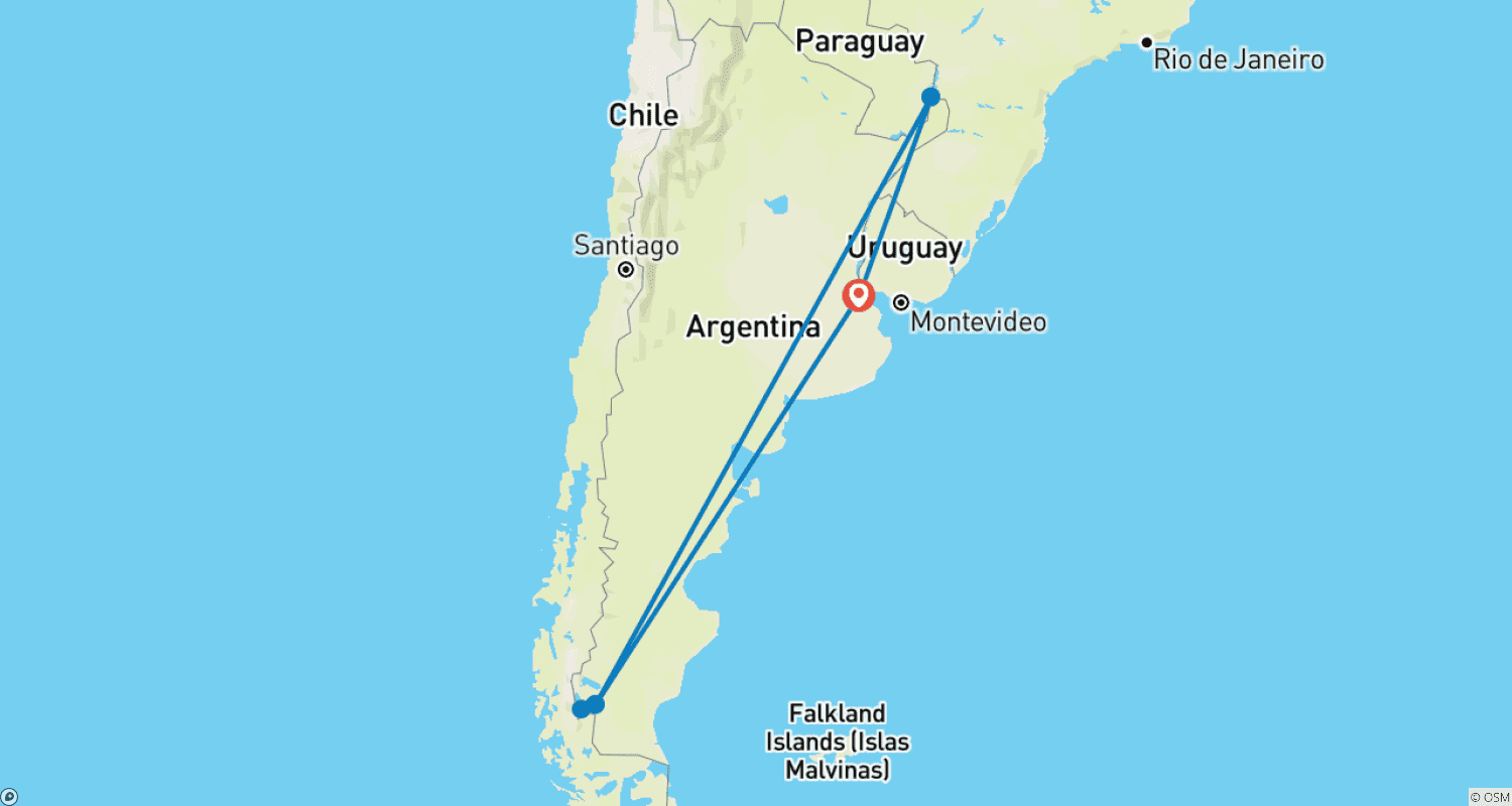 10-Day PREMIUM Exploration of Buenos Aires, Iguazu Falls & Patagoniaのルートマップ