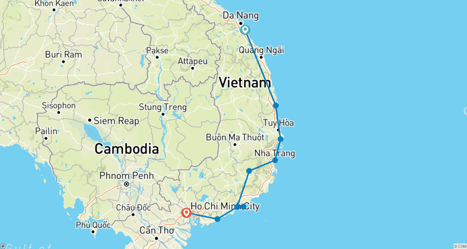 ベトナム中部海岸サイクリングのルートマップ