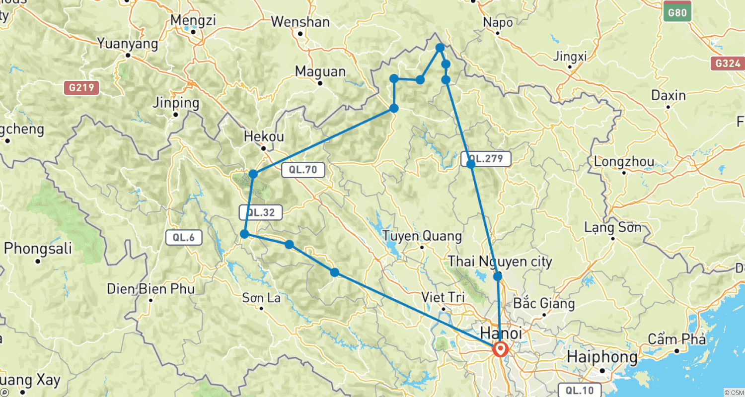 Mapa trasy: MuCangChai do wapiennego krasu Hagiang