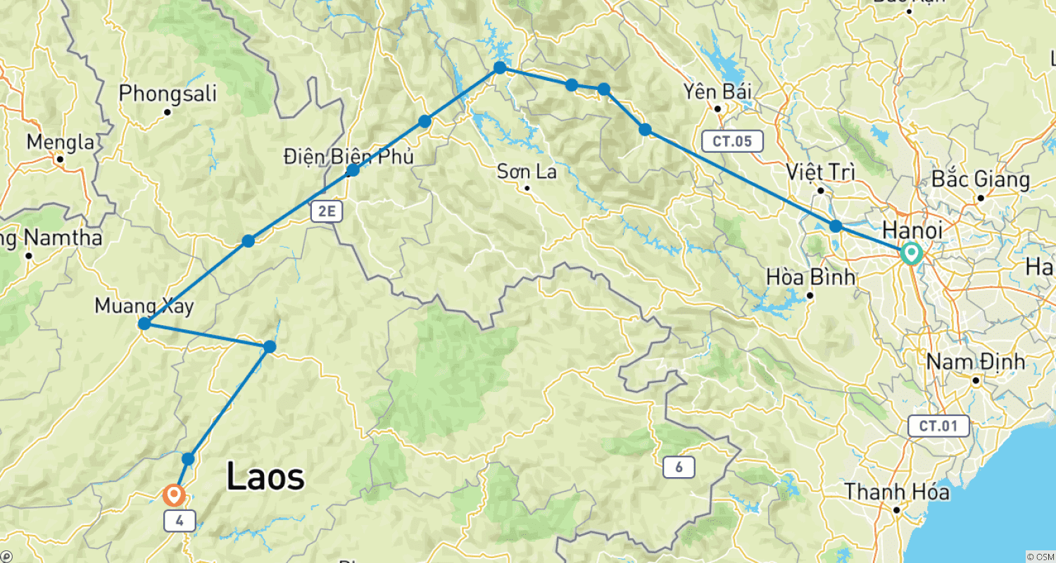 Mapa do percurso de Ciclismo do Vietnã ao Laos