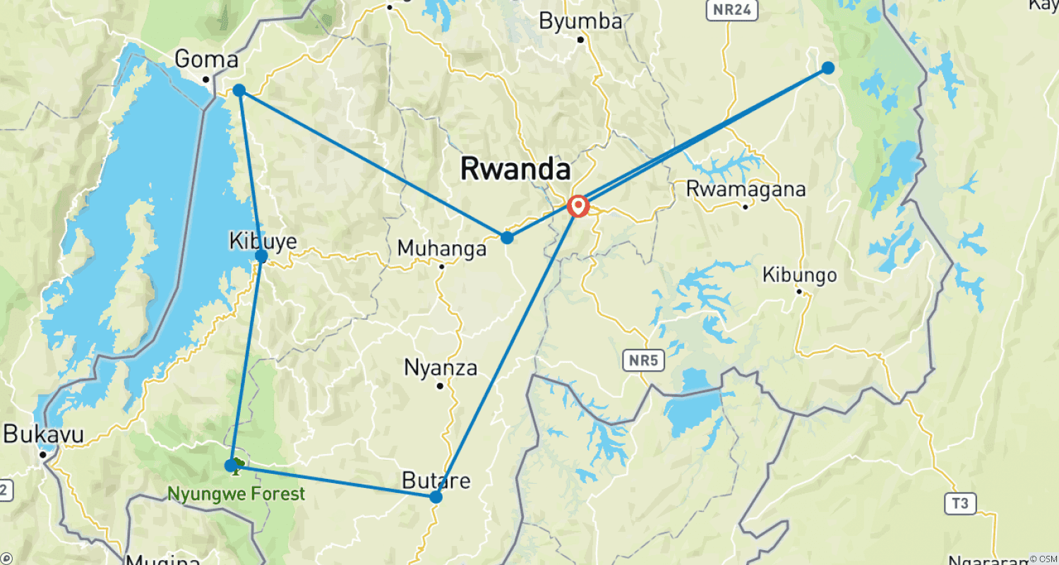 Mapa do percurso de 13 Dias de Expedição em Ruanda com Trekking de Chimpanzés e Gorilas