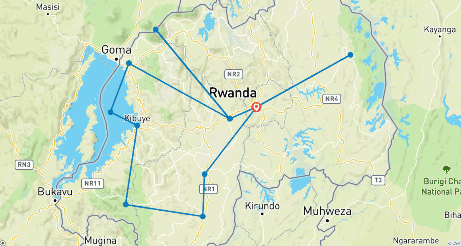Mapa do percurso de 15 Dias: O Melhor do Safari em Ruanda