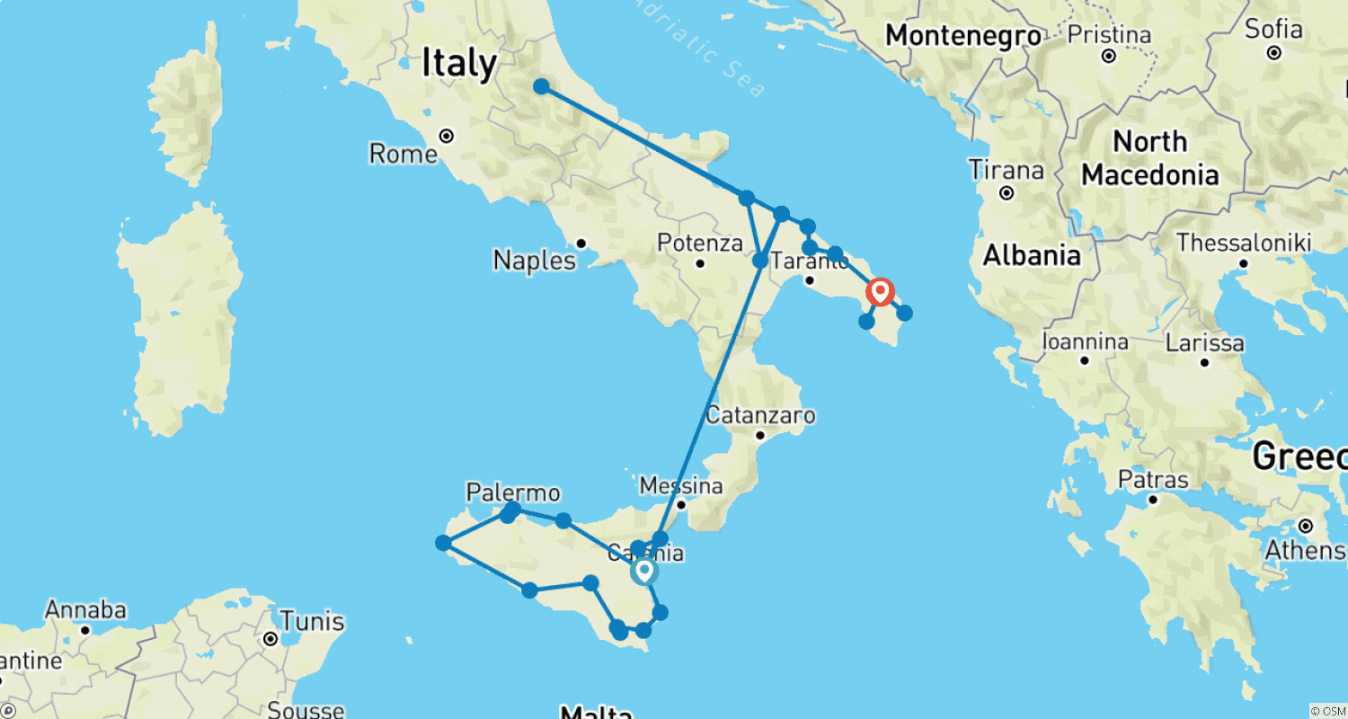 Mapa do percurso de Sicilian Secrets Tour da Sicília, Matera e Apúlia 2026