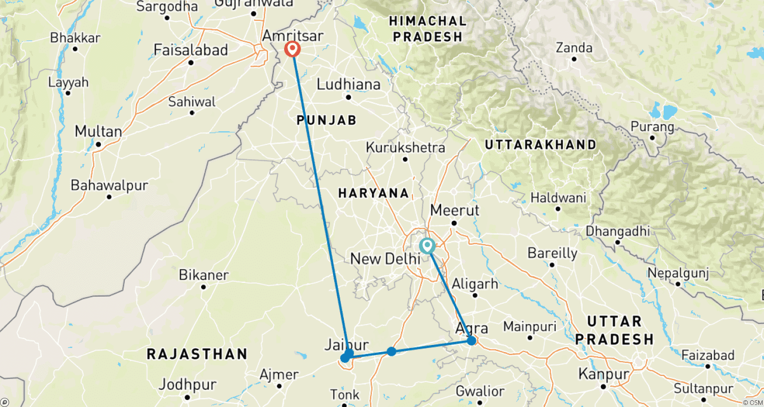 خريطة مسار Golden Triangle & Amritsar - 8 Days