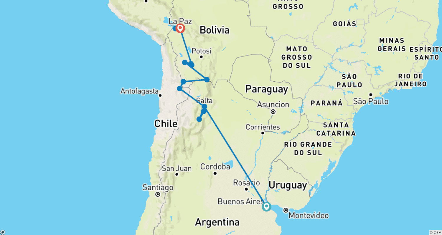 Mapa do percurso de De Buenos Aires a La Paz via Uyuni (16 Dias)