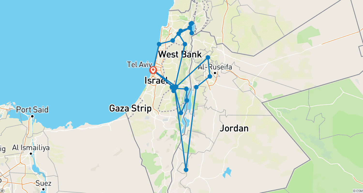Mapa do percurso de Peregrinação à Terra Santa, Israel e Jordânia - 11 Dias