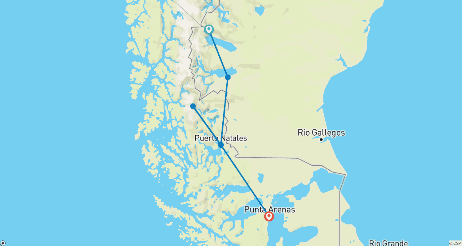 Mapa trasy: Najważniejsze atrakcje Patagonii – 9 dni