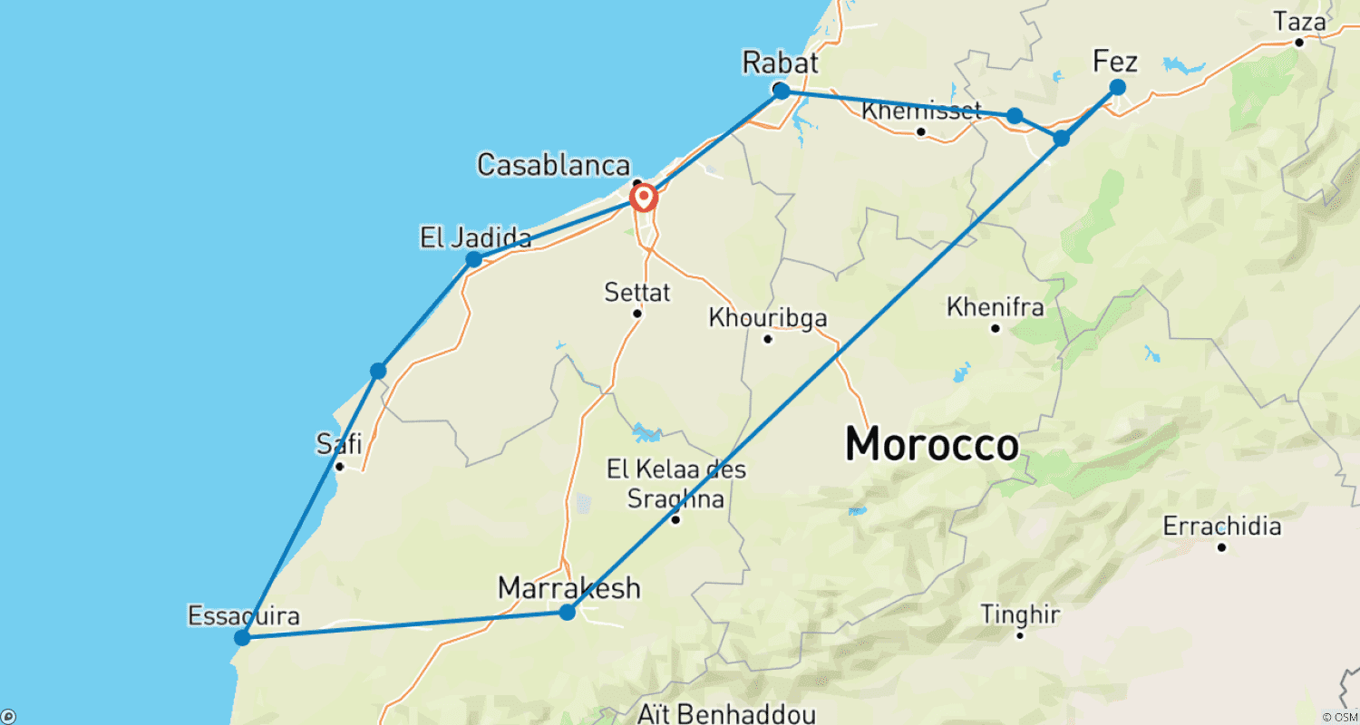 Mapa do percurso de 8 Dias de Maravilhas de Marrocos: Tour de Luxo pelas Cidades Imperiais, Deserto e Montanhas Atlas