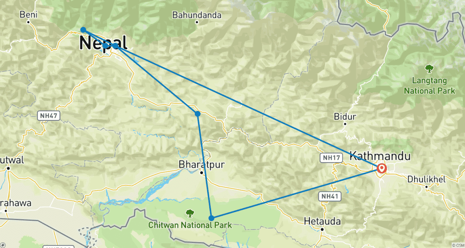 Mapa do percurso de Tour de Luxo no Nepal para Viajantes com Mais de 50 Anos: Uma Jornada Inesquecível por Kathmandu, Chitwan, Bandipur e Pokhara