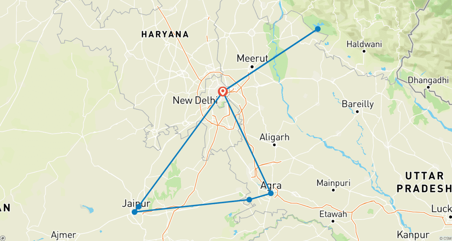 Mapa do percurso de Excursão Triângulo Dourado com o Parque Nacional Jim Corbett