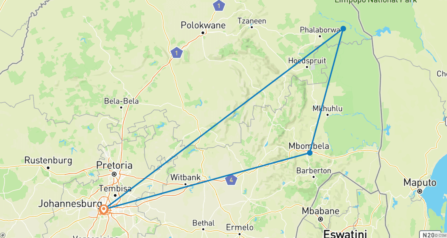 Mapa trasy: Johannesburg Safari Przygodowe 4 Dni/ 3 Noce (Komfort)