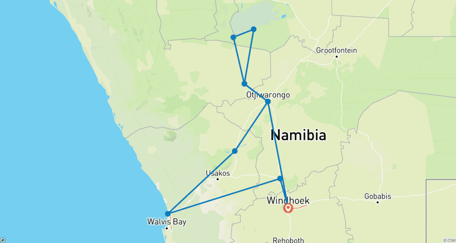 Mapa do percurso de Safari de 4 Dias/ 3 Noites em Etosha NP e Swakopmund