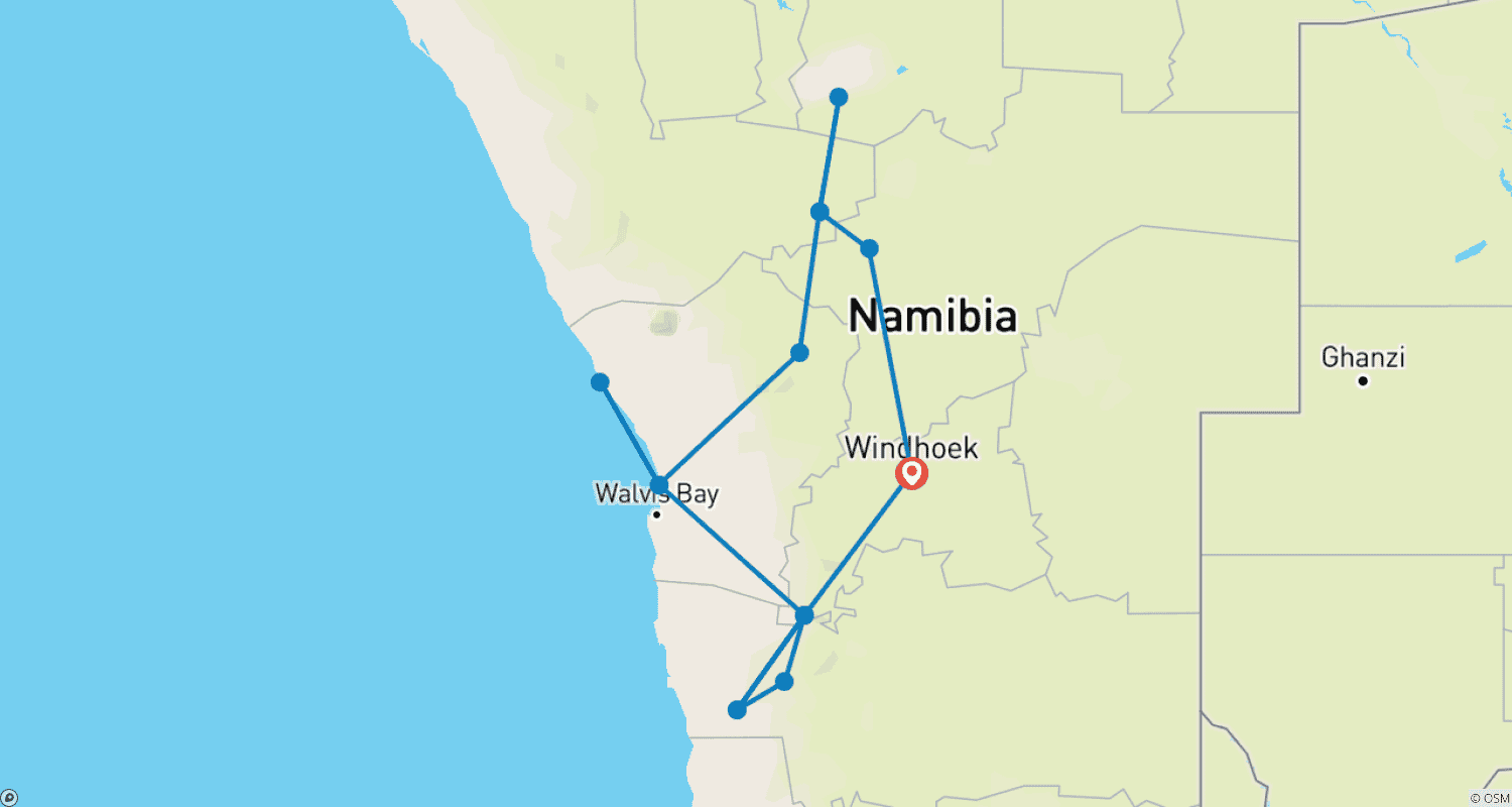Mapa do percurso de Parque Nacional Etosha, Swakopmund e Sossusvlei (Conforto) 8 Dias