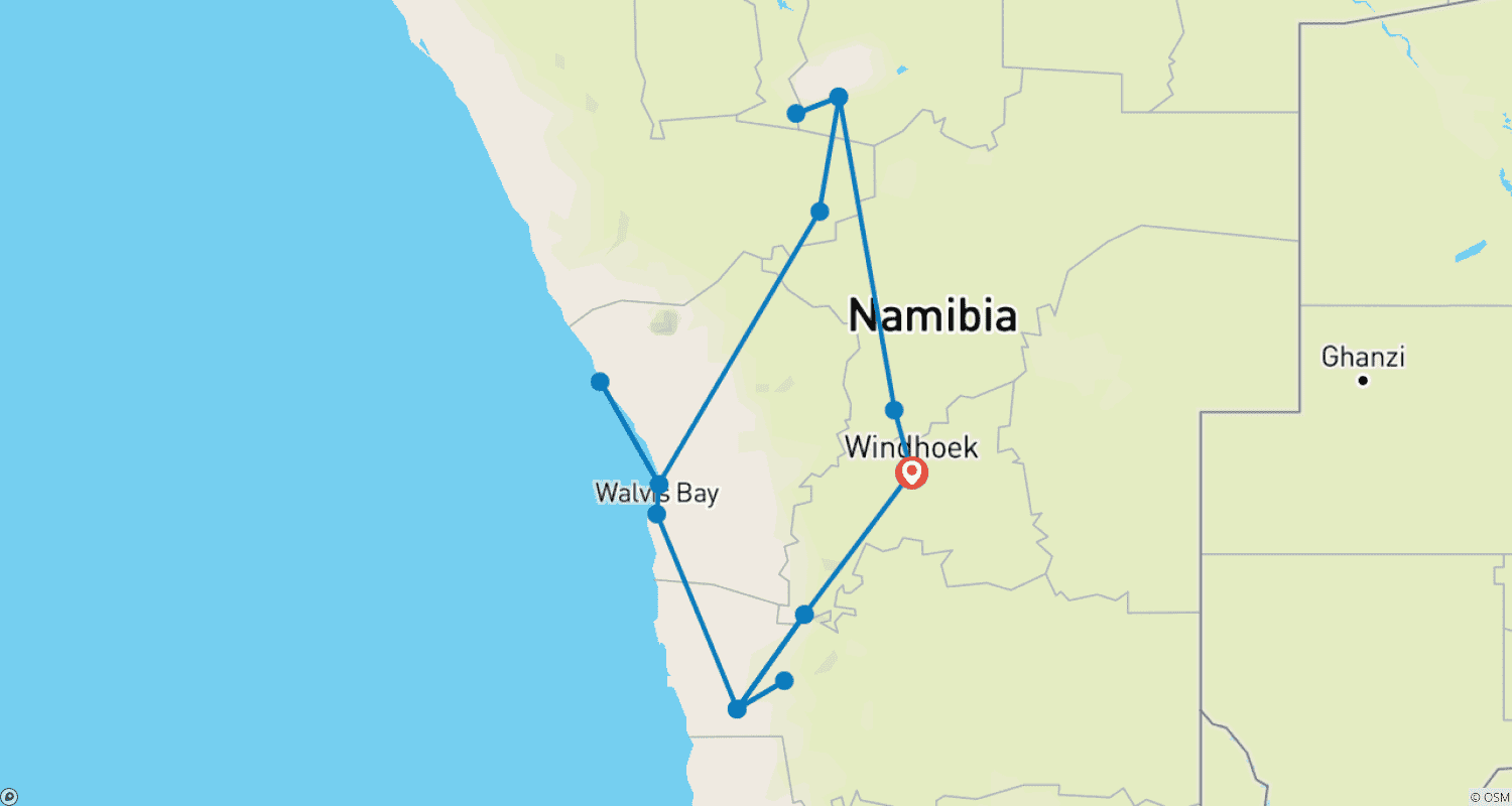 Mapa do percurso de Sossusvlei, Swakopmund e Parque Nacional Etosha 7 Dias / 6 Noites