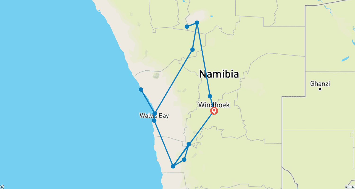 Mapa do percurso de Sossusvlei, Swakopmund e Parque Nacional Etosha (Conforto) 7 Dias / 6 Noites