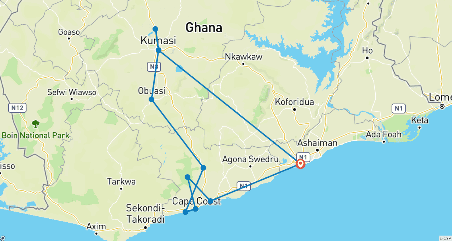 خريطة مسار Ghanaian Adventure Safari 8 Days / 7 Nights
