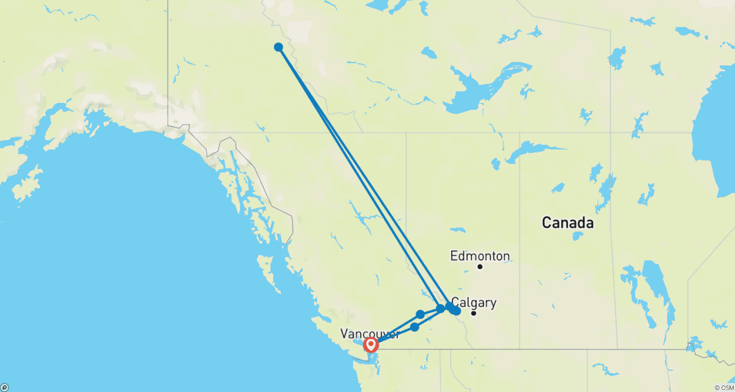 Route map for Rockies Winter Explorer Tour