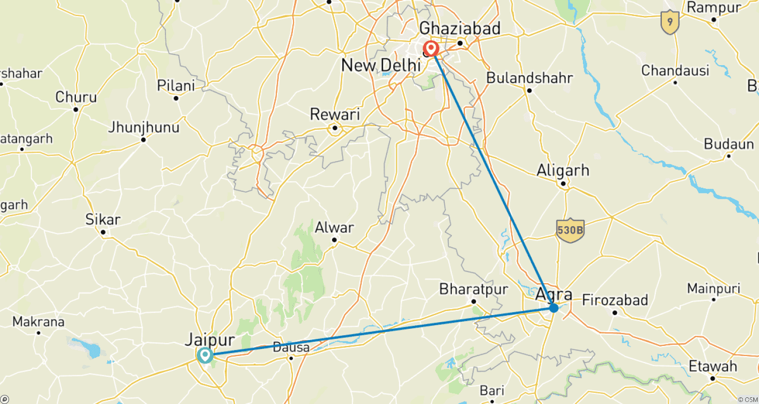 Mapa trasy: Private 5 Days Golden Triangle Tour with Hotels from Jaipur