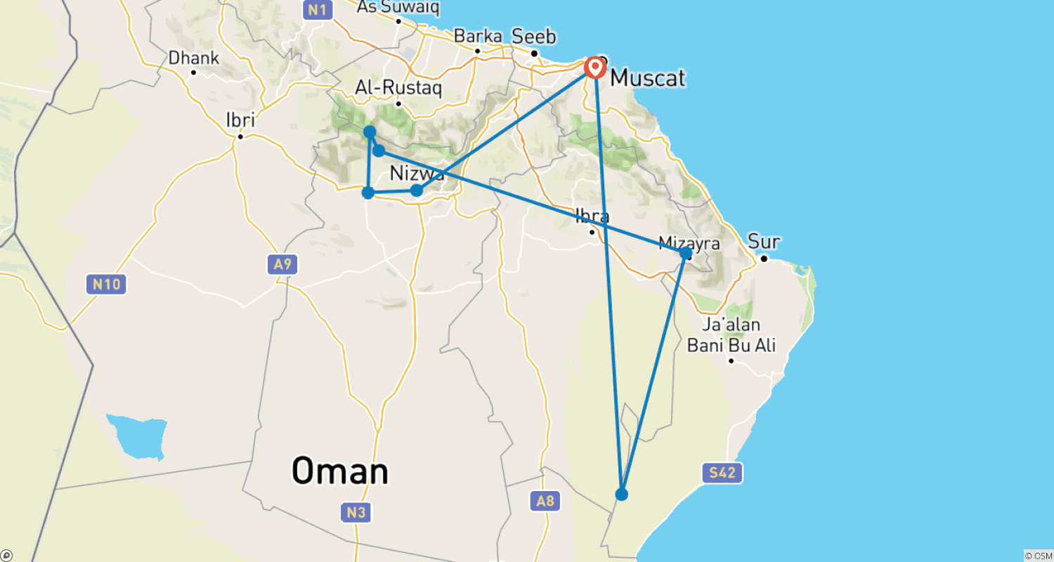 Mapa trasy: Magnificence of the East 3 Days – Oman Tour Package