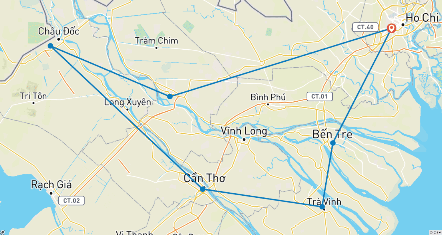 Mapa trasy: Rowerem przez deltę Mekongu w Wietnamie (5 dni)