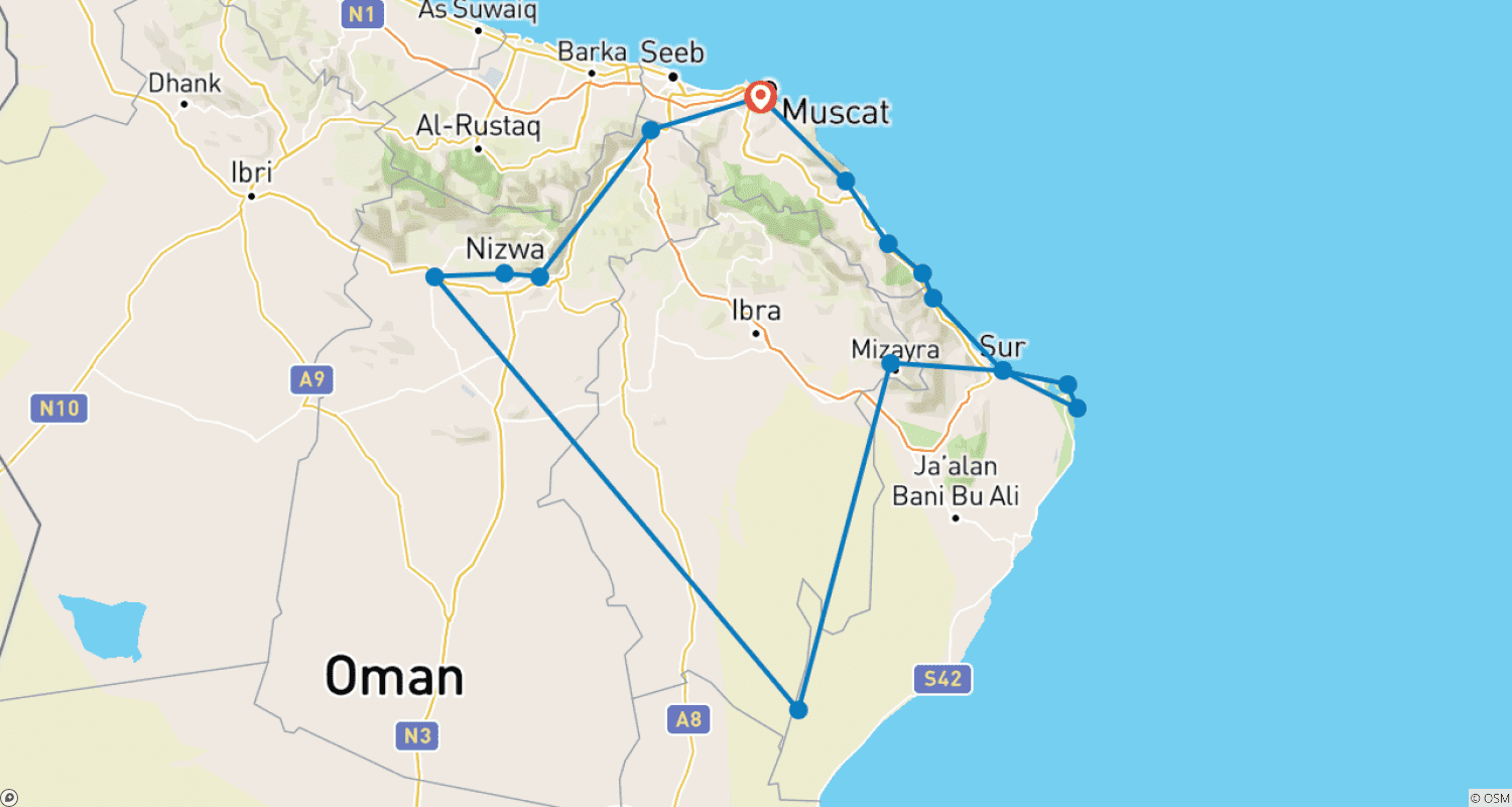 Fantastic Oman 4 Days – Oman Tour Packageのルートマップ