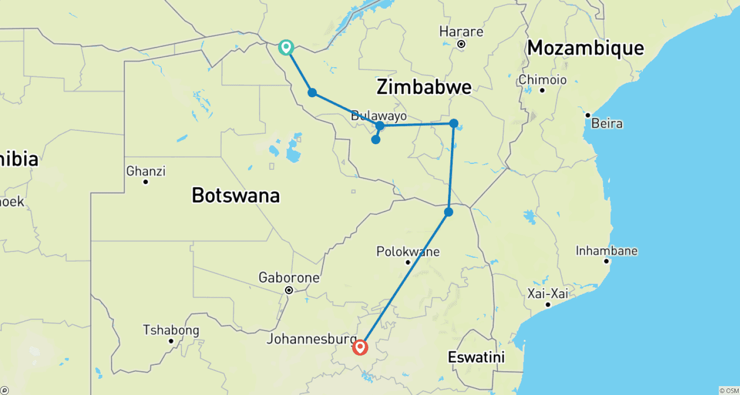 Mapa trasy: Najlepsze doświadczenia w Zimbabwe: 6 dni, 5 nocy (Comfort Plus)