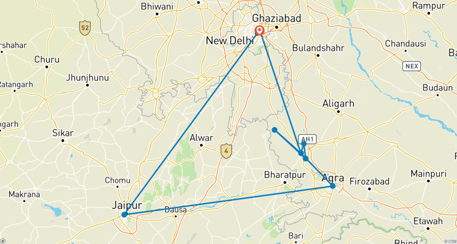 Mapa trasy: Holi Festival Celebration in Mathura/Vrindavan India with Golden Triangle Tour 2027