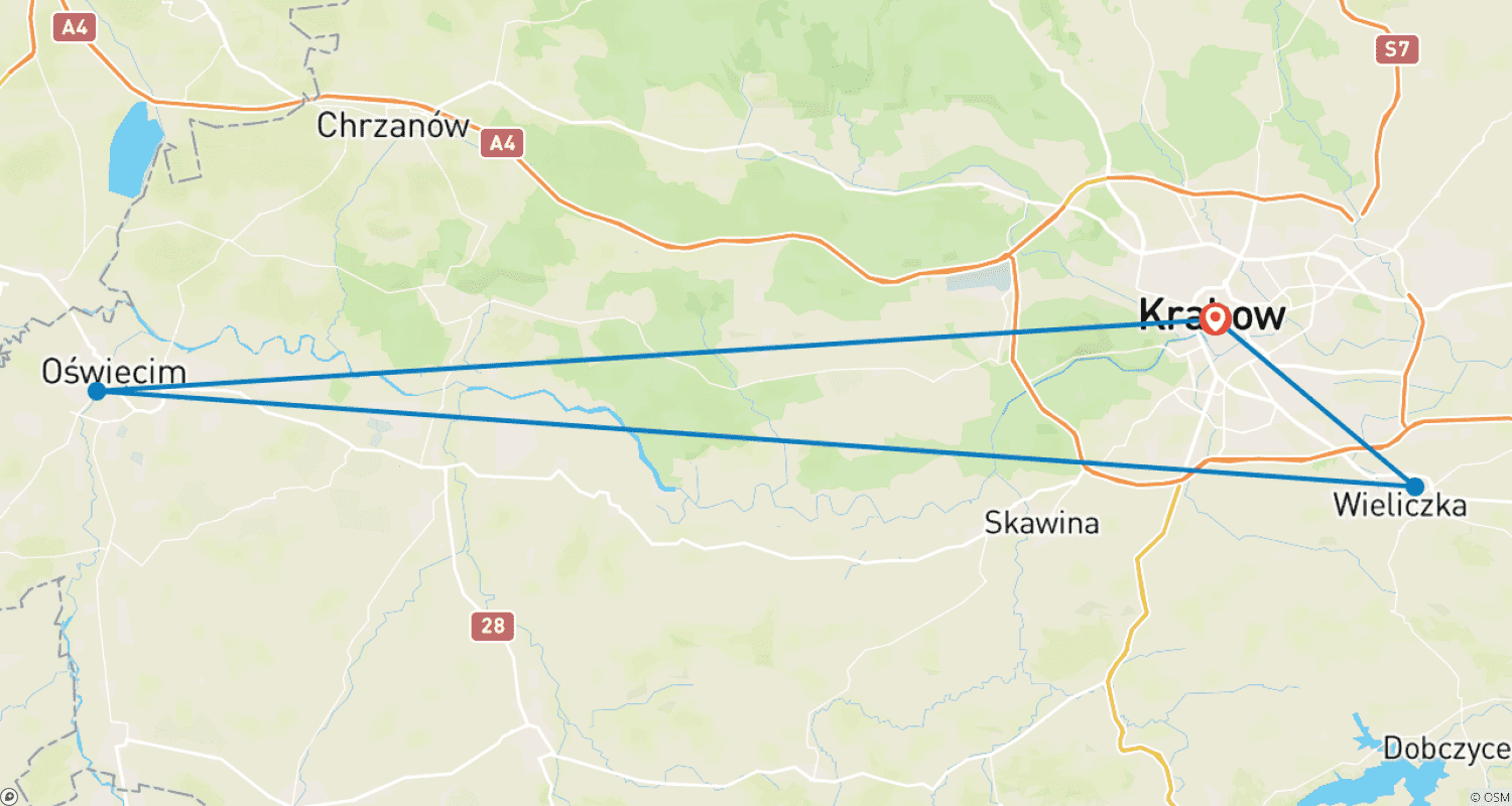 Mapa do percurso de Cracóvia, Auschwitz, Fábrica de Esmaltes e Mina de Sal de Wieliczka - 4 Dias