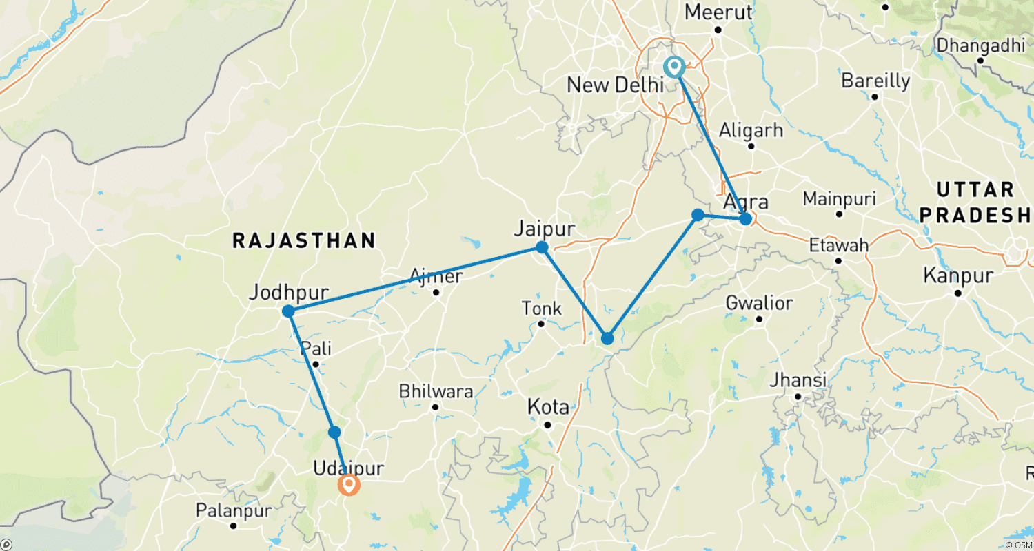 Mapa do percurso de Taj Mahal, Tigres e Tour Real pelo Rajastão