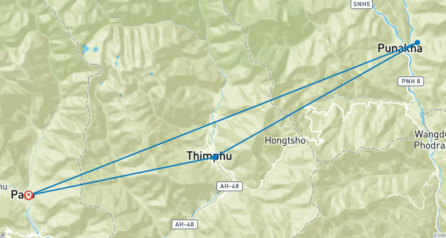 Mapa trasy: Najlepsza wycieczka po Bhutanie (Kultura - Wędrówki - Krótki Trekking - Pobyt w Klasztorze)