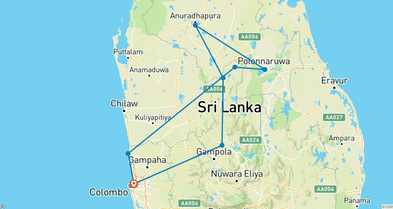 Mapa do percurso de Excursão ao Sri Lanka: Uma Mistura de História Cultural