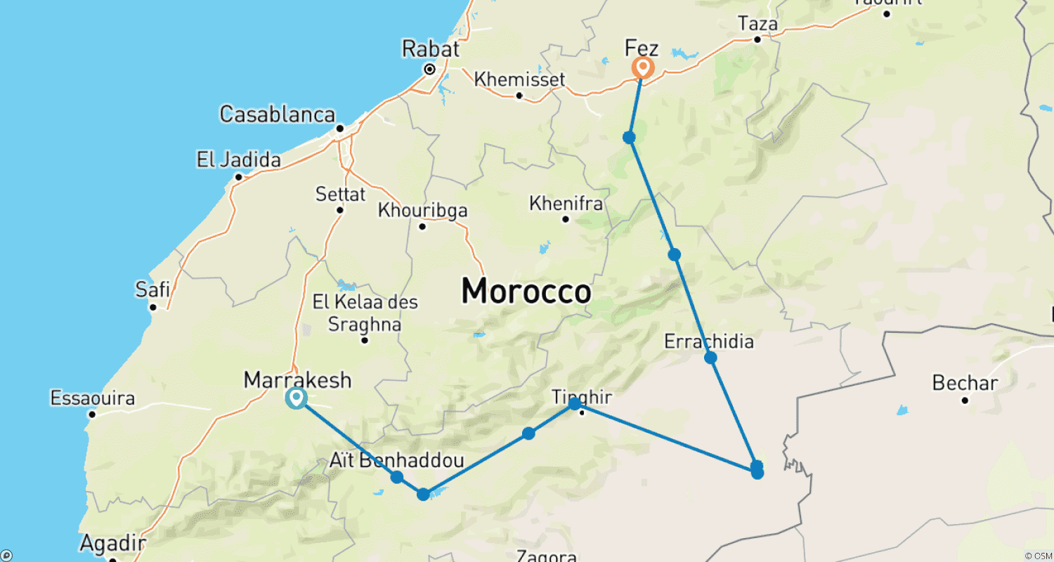 خريطة مسار جولة في صحراء المغرب الكبرى لمدة 3 أيام من مراكش إلى فاس مع ركوب الجمال