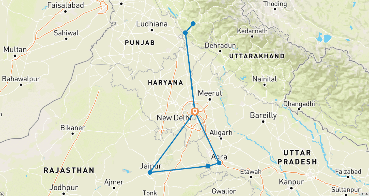 Mapa do percurso de Excursão Triângulo Dourado com Shimla (Passeio de Trem de Brinquedo)