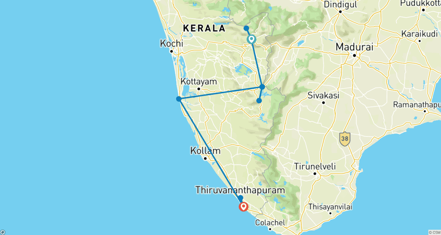 Fascinating Kerala 6 Nightsのルートマップ