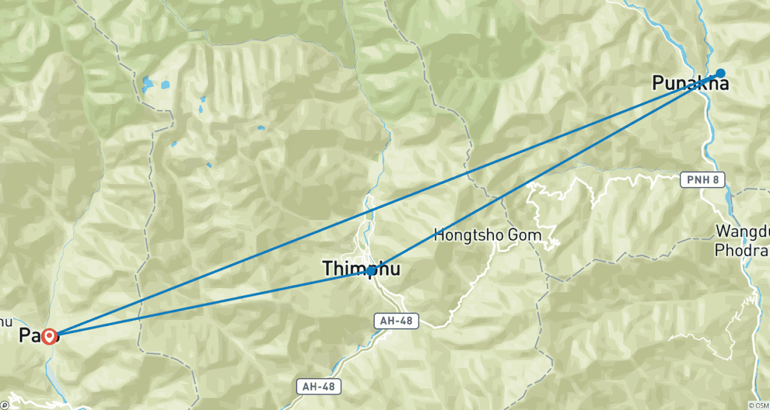 Mapa do percurso de Royal Bhutan Tour