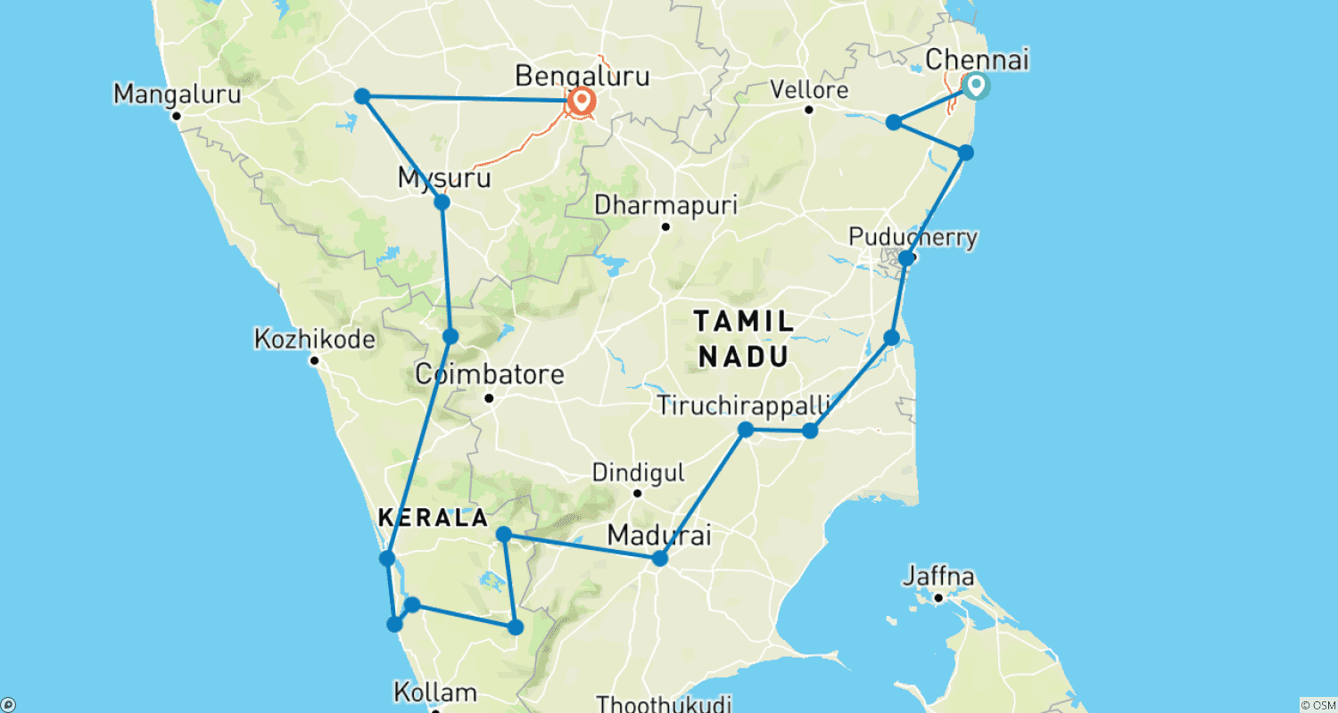 Incredible South India Tourのルートマップ